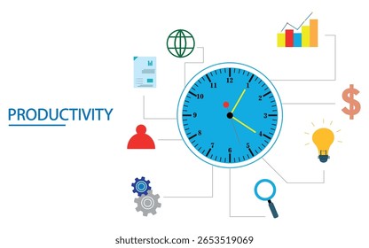 Conceito de produtividade. Ferramentas para Aumentar o Lucro da Empresa e o Sucesso Financeiro. Ilustração produtiva vetorial com ícones para pesquisa, ideia bulbo, dólar, gráfico de barras, estatísticas, globo. eps