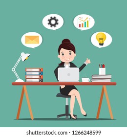 Productivity concept.Business woman working at the desk.Vector illustration.