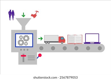 Productivity. Conveyor that turns human labor into material things. Vector simple color flat illustration.