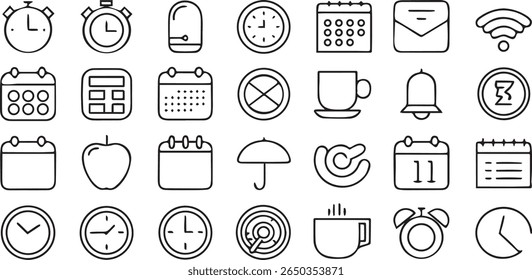 Productivity and Daily Routine Icons, planner, calendar, schedule, clock, editable stroke line icon set