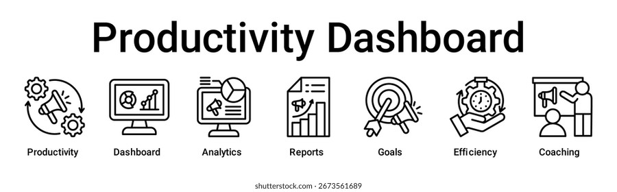 Produtividade Painel de controle banner web icon vetor illustration concept for business with icon of Productivity, Dashboard, Analytics, Reports, Goals, Efficiency.