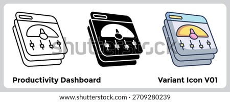 Productivity Dashboard Icon offers a centralized view of key metrics, tasks, and progress indicators. Line, Filled, Color style.