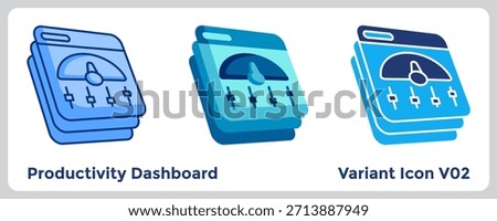 Productivity Dashboard Icon offers a centralized view of key metrics, tasks, and progress indicators. Blue, Flat Blue, Dualtone style.