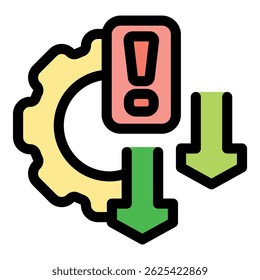 Productivity decrease is symbolized by downward arrows and a warning sign on a gear, representing declining efficiency
