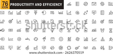 Productivity and efficiency editable outline icon set. Task management, time tracking, business growth, analytics, goals, planning and more.