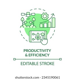 Productivity and efficiency green concept icon. Increase performance. Agricultural field. Smart farming. Advanced technology. Round shape line illustration. Abstract idea. Graphic design. Easy to use