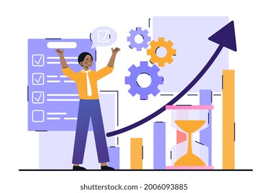 Productivity and efficiency growth concept. The man organized his working time and increased the efficiency of his work. Happy character has completed all the tasks. Cartoon flat vector illustration