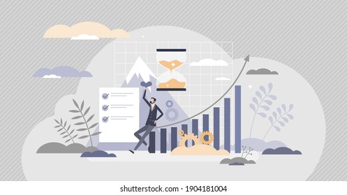 Productivity and efficiency growth with effective work tiny person concept. Successful project deadline reaching with profit because of time planning and quality performance vector illustration.