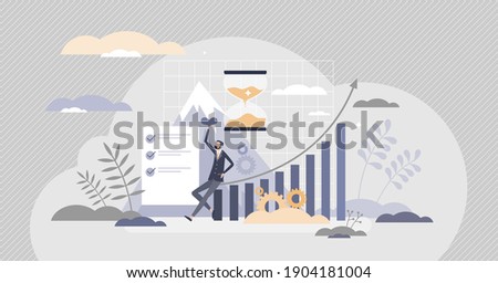 Productivity and efficiency growth with effective work tiny person concept. Successful project deadline reaching with profit because of time planning and quality performance vector illustration.