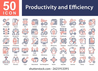 Conjunto de Colección de iconos de productividad y eficiencia y color de contorno
