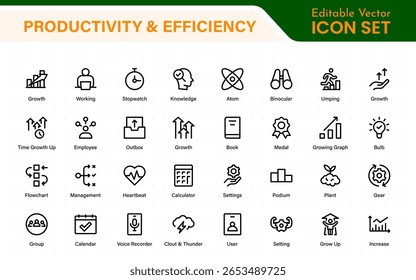 Coleção de ícones de Produtividade e Eficiência. Definir ícones de linha com traçado editável. Planejamento de negócios, sucesso, meta atingida. Gráficos, comunicação, chat, velocímetro