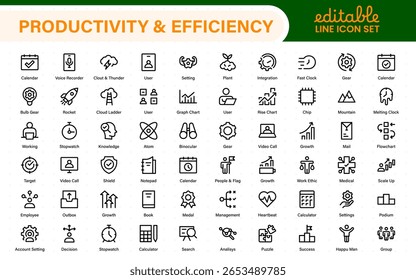Coleção de ícones de Produtividade e Eficiência. Definir ícones de linha com traçado editável. Planejamento de negócios, sucesso, meta atingida. Gráficos, comunicação, chat, velocímetro