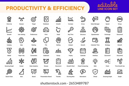 Productivity and Efficiency icon collection. Set line icons with editable stroke. Business planning, success, goal achievement. Charts, communication, chat, speedometer