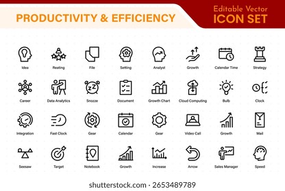Coleção de ícones de Produtividade e Eficiência. Definir ícones de linha com traçado editável. Planejamento de negócios, sucesso, meta atingida. Gráficos, comunicação, chat, velocímetro