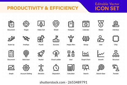 Coleção de ícones de Produtividade e Eficiência. Definir ícones de linha com traçado editável. Planejamento de negócios, sucesso, meta atingida. Gráficos, comunicação, chat, velocímetro