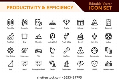 Coleção de ícones de Produtividade e Eficiência. Definir ícones de linha com traçado editável. Planejamento de negócios, sucesso, meta atingida. Gráficos, comunicação, chat, velocímetro