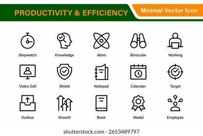 Coleção de ícones de Produtividade e Eficiência. Definir ícones de linha com traçado editável. Planejamento de negócios, sucesso, meta atingida. Gráficos, comunicação, chat, velocímetro