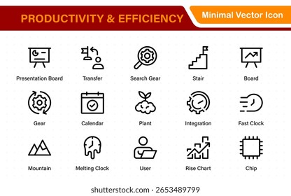 Coleção de ícones de Produtividade e Eficiência. Definir ícones de linha com traçado editável. Planejamento de negócios, sucesso, meta atingida. Gráficos, comunicação, chat, velocímetro
