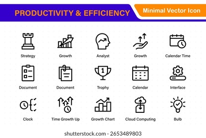 Coleção de ícones de Produtividade e Eficiência. Definir ícones de linha com traçado editável. Planejamento de negócios, sucesso, meta atingida. Gráficos, comunicação, chat, velocímetro
