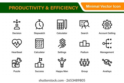 Coleção de ícones de Produtividade e Eficiência. Definir ícones de linha com traçado editável. Planejamento de negócios, sucesso, meta atingida. Gráficos, comunicação, chat, velocímetro