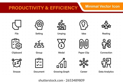 Coleção de ícones de Produtividade e Eficiência. Definir ícones de linha com traçado editável. Planejamento de negócios, sucesso, meta atingida. Gráficos, comunicação, chat, velocímetro