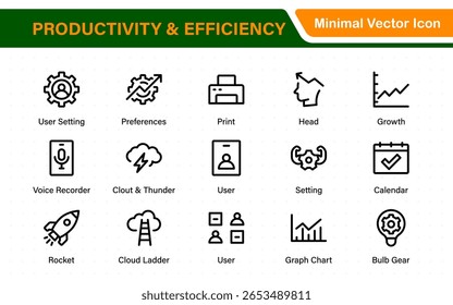 Coleção de ícones de Produtividade e Eficiência. Definir ícones de linha com traçado editável. Planejamento de negócios, sucesso, meta atingida. Gráficos, comunicação, chat, velocímetro