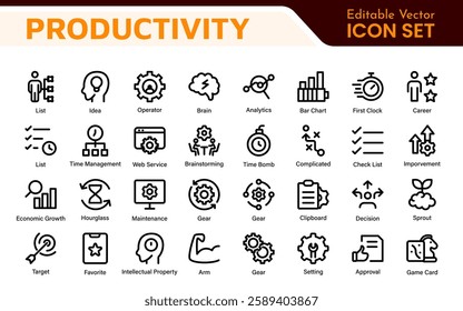 Productivity and Efficiency Icons Collection. Vector Icons for Task Management, Time Optimization, Work Process, and Goal Achievement