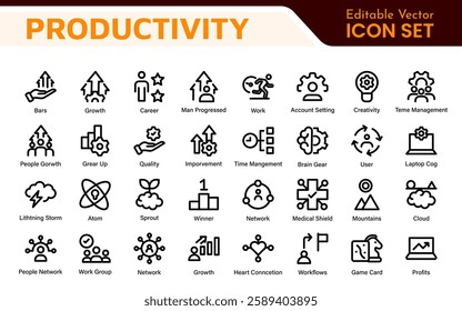 Productivity and Efficiency Icons Collection. Vector Icons for Task Management, Time Optimization, Work Process, and Goal Achievement