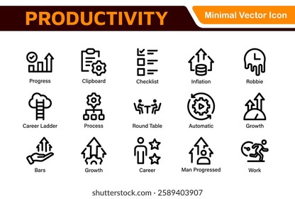 Productivity and Efficiency Icons Collection. Vector Icons for Task Management, Time Optimization, Work Process, and Goal Achievement