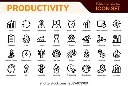 Productivity and Efficiency Icons Collection. Vector Icons for Task Management, Time Optimization, Work Process, and Goal Achievement