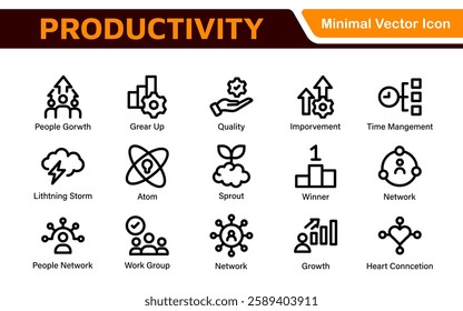 Productivity and Efficiency Icons Collection. Vector Icons for Task Management, Time Optimization, Work Process, and Goal Achievement