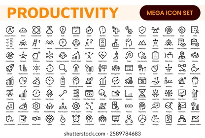 Productivity and Efficiency Icons Collection. Vector Icons for Task Management, Time Optimization, Work Process, and Goal Achievement