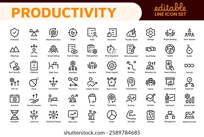 Productivity and Efficiency Icons Collection. Vector Icons for Task Management, Time Optimization, Work Process, and Goal Achievement