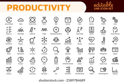 Productivity and Efficiency Icons Collection. Vector Icons for Task Management, Time Optimization, Work Process, and Goal Achievement