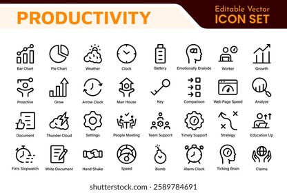 Productivity and Efficiency Icons Collection. Vector Icons for Task Management, Time Optimization, Work Process, and Goal Achievement