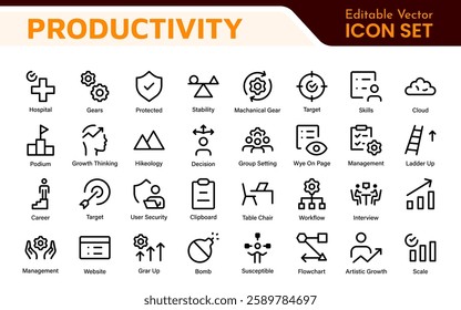 Productivity and Efficiency Icons Collection. Vector Icons for Task Management, Time Optimization, Work Process, and Goal Achievement