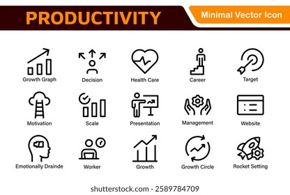 Productivity and Efficiency Icons Collection. Vector Icons for Task Management, Time Optimization, Work Process, and Goal Achievement