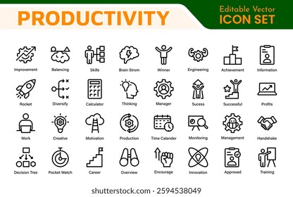 Productivity and Efficiency Icons Collection. Vector Icons for Task Management, Time Optimization, Work Process, and Goal Achievement