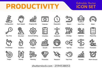 Productivity and Efficiency Icons Collection. Vector Icons for Task Management, Time Optimization, Work Process, and Goal Achievement