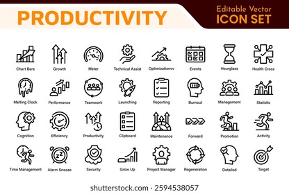 Productivity and Efficiency Icons Collection. Vector Icons for Task Management, Time Optimization, Work Process, and Goal Achievement