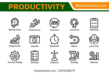 Productivity and Efficiency Icons Collection. Vector Icons for Task Management, Time Optimization, Work Process, and Goal Achievement