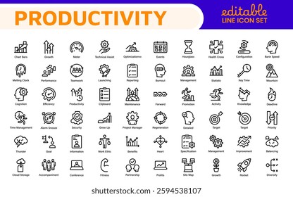 Productivity and Efficiency Icons Collection. Vector Icons for Task Management, Time Optimization, Work Process, and Goal Achievement