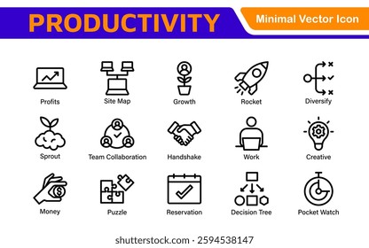 Productivity and Efficiency Icons Collection. Vector Icons for Task Management, Time Optimization, Work Process, and Goal Achievement