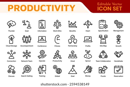 Productivity and Efficiency Icons Collection. Vector Icons for Task Management, Time Optimization, Work Process, and Goal Achievement