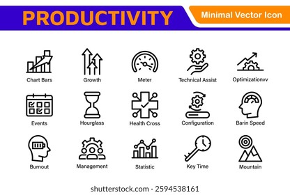 Productivity and Efficiency Icons Collection. Vector Icons for Task Management, Time Optimization, Work Process, and Goal Achievement