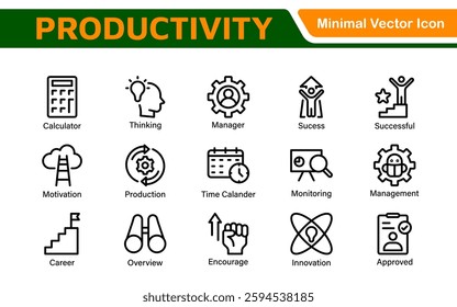 Productivity and Efficiency Icons Collection. Vector Icons for Task Management, Time Optimization, Work Process, and Goal Achievement