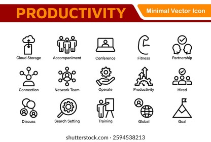 Productivity and Efficiency Icons Collection. Vector Icons for Task Management, Time Optimization, Work Process, and Goal Achievement