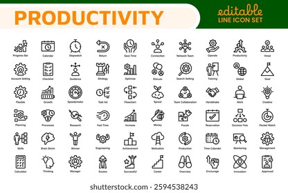 Productivity and Efficiency Icons Collection. Vector Icons for Task Management, Time Optimization, Work Process, and Goal Achievement