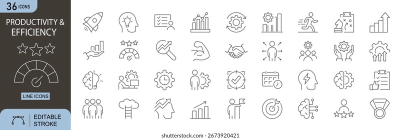 Ícones de Produtividade e Eficiência definidos. Inclui ícones para gerenciamento de tempo, progresso, fluxo de trabalho, otimização, destino, tarefa, foco e desempenho. Traçado editável. Ícones de linha. Perfeito para infográfico.