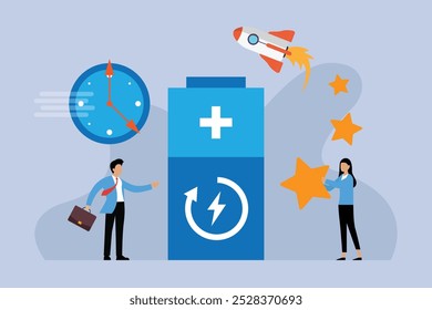 Productivity, Efficiency, and Innovation Concept with Time and Energy Icons 2d flat vector illustration